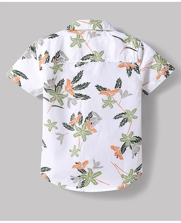 Babyhug Cotton Woven Half Sleeves Shirt & Denim Shorts Set With Floral Print - White & Blue