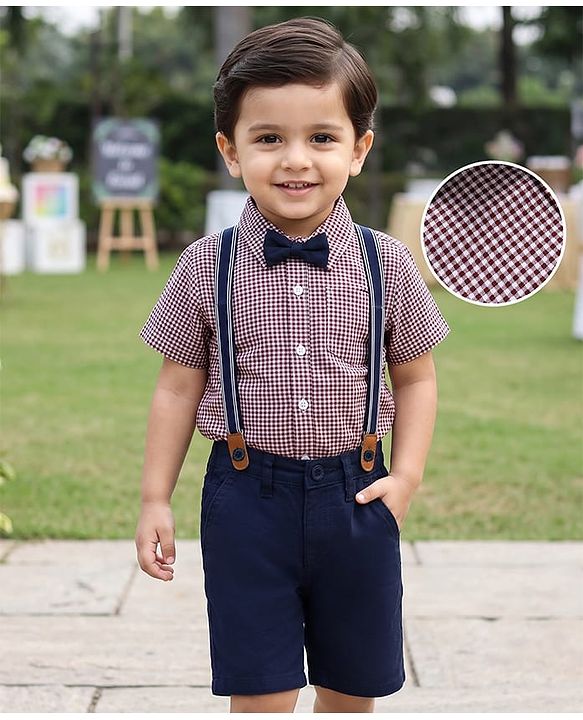 Babyhug 100% Cotton Woven Half Sleeves Checked Shirt & Shorts Set With Bow & Suspender - Dark Red & Navy Blue