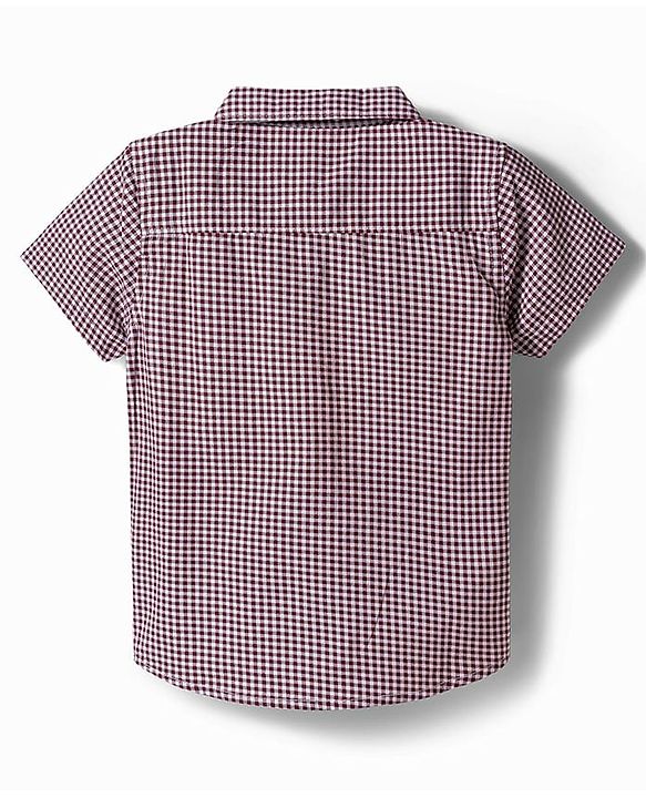 Babyhug 100% Cotton Woven Half Sleeves Checked Shirt & Shorts Set With Bow & Suspender - Dark Red & Navy Blue