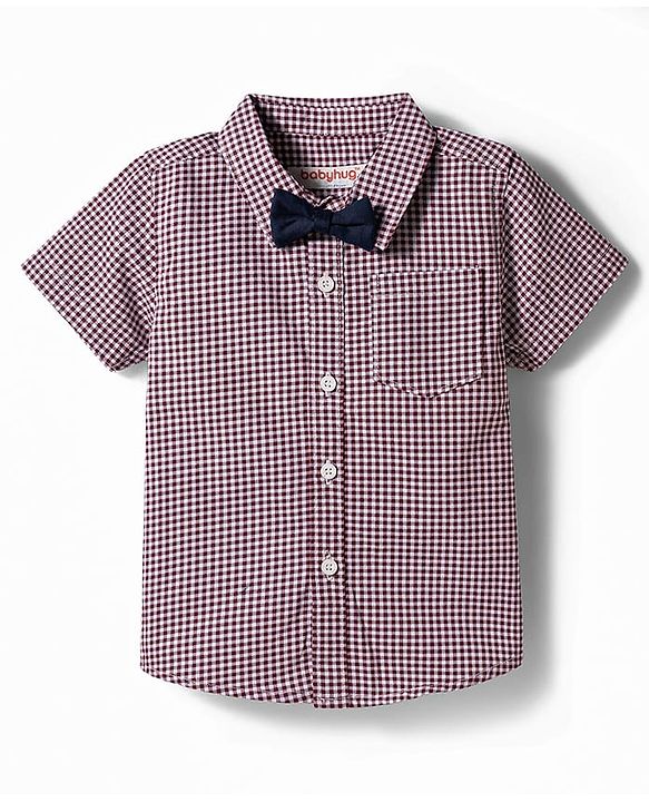 Babyhug 100% Cotton Woven Half Sleeves Checked Shirt & Shorts Set With Bow & Suspender - Dark Red & Navy Blue