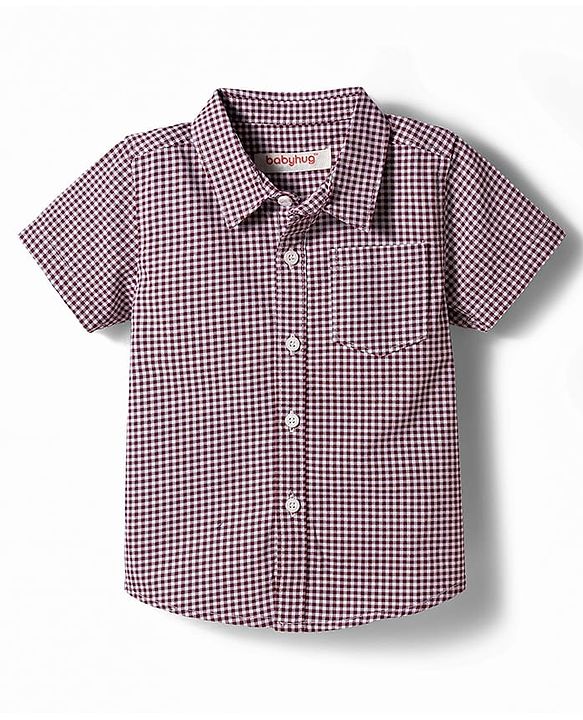 Babyhug 100% Cotton Woven Half Sleeves Checked Shirt & Shorts Set With Bow & Suspender - Dark Red & Navy Blue