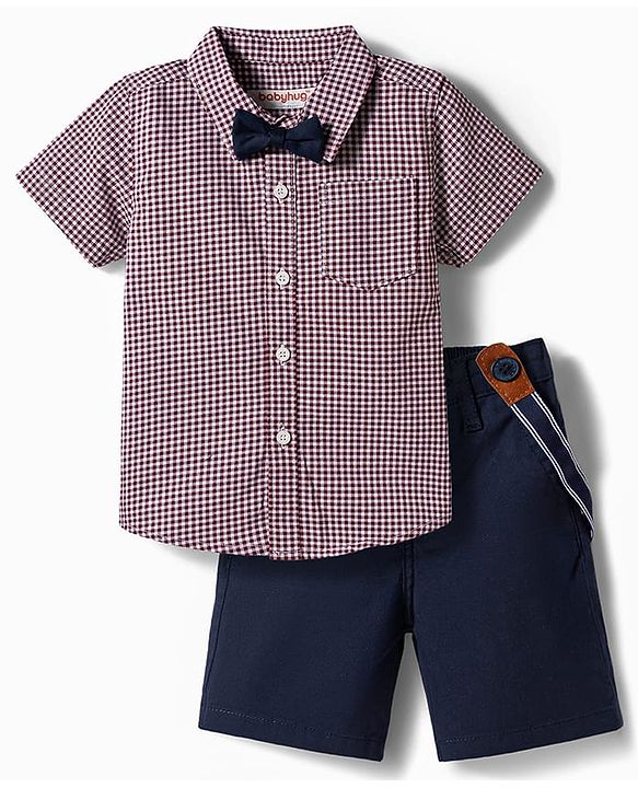 Babyhug 100% Cotton Woven Half Sleeves Checked Shirt & Shorts Set With Bow & Suspender - Dark Red & Navy Blue