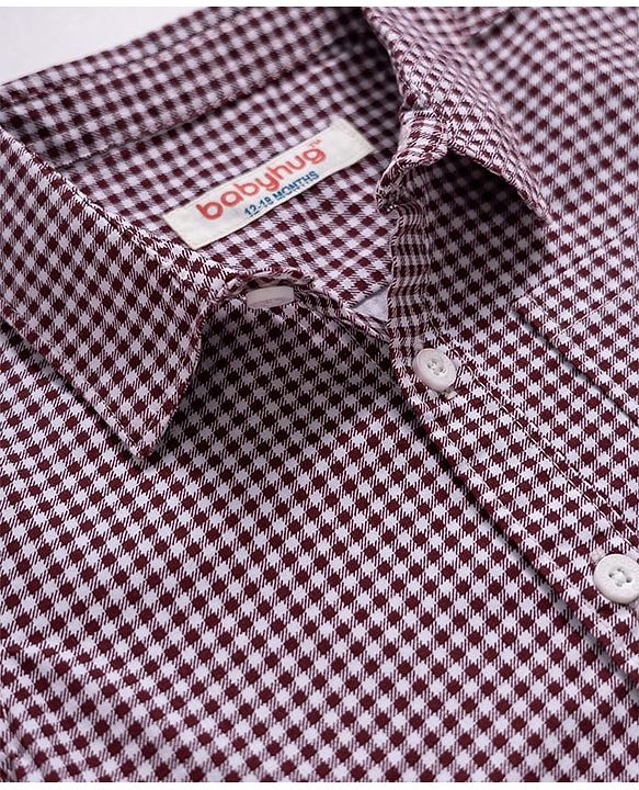 Babyhug 100% Cotton Woven Half Sleeves Checked Shirt & Shorts Set With Bow & Suspender - Dark Red & Navy Blue