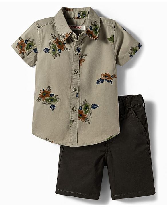 Babyhug 100% Cotton Woven Half Sleeves Floral Printed Shirt & Shorts Set - Olive Green