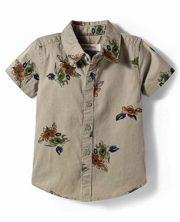 Babyhug 100% Cotton Woven Half Sleeves Floral Printed Shirt & Shorts Set - Olive Green