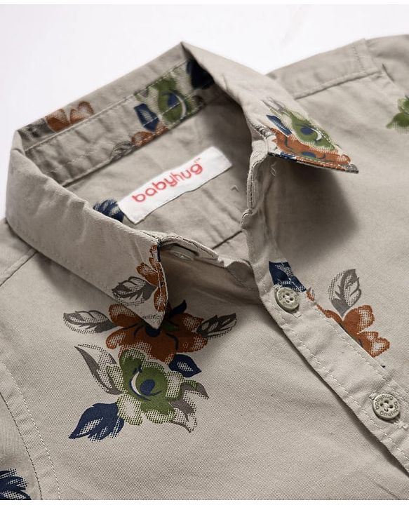 Babyhug 100% Cotton Woven Half Sleeves Floral Printed Shirt & Shorts Set - Olive Green