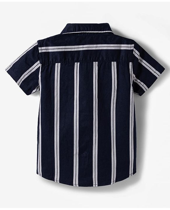 Babyhug 100% Cotton Woven Half Sleeves Striped Shirt & Shorts Set - Navy Blue & Beige