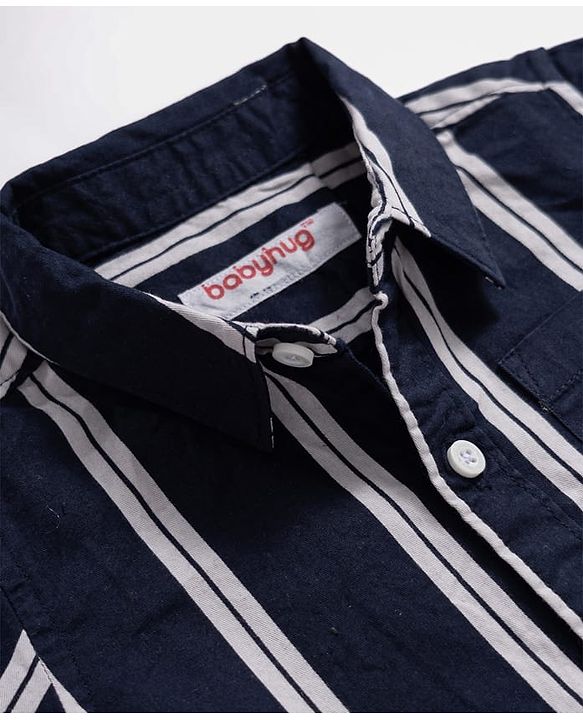 Babyhug 100% Cotton Woven Half Sleeves Striped Shirt & Shorts Set - Navy Blue & Beige