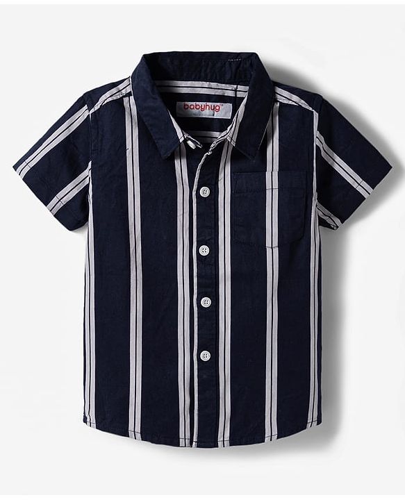 Babyhug 100% Cotton Woven Half Sleeves Striped Shirt & Shorts Set - Navy Blue & Beige