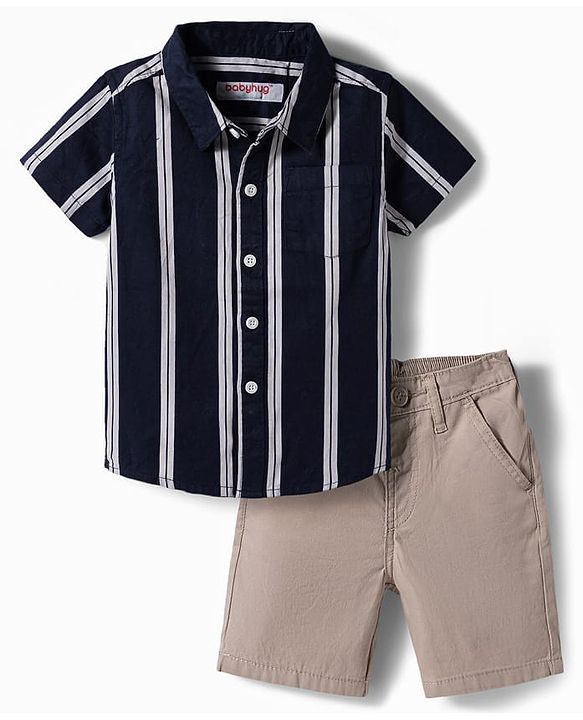 Babyhug 100% Cotton Woven Half Sleeves Striped Shirt & Shorts Set - Navy Blue & Beige