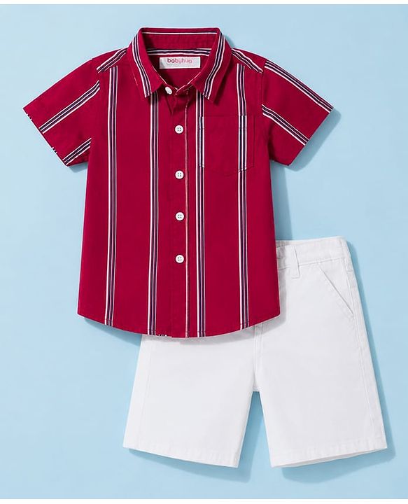 Babyhug 100% Cotton Woven Half Sleeves Striped Shirt & Shorts Set - Maroon & White