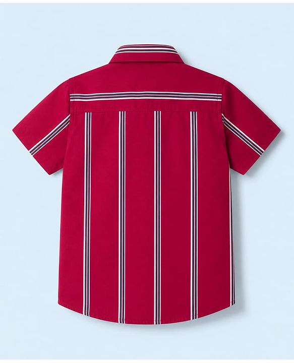 Babyhug 100% Cotton Woven Half Sleeves Striped Shirt & Shorts Set - Maroon & White