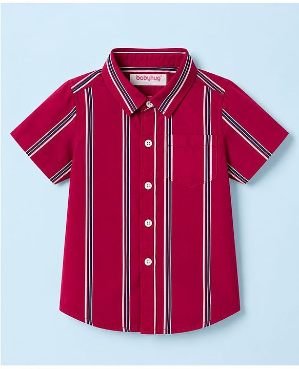 Babyhug 100% Cotton Woven Half Sleeves Striped Shirt & Shorts Set - Maroon & White