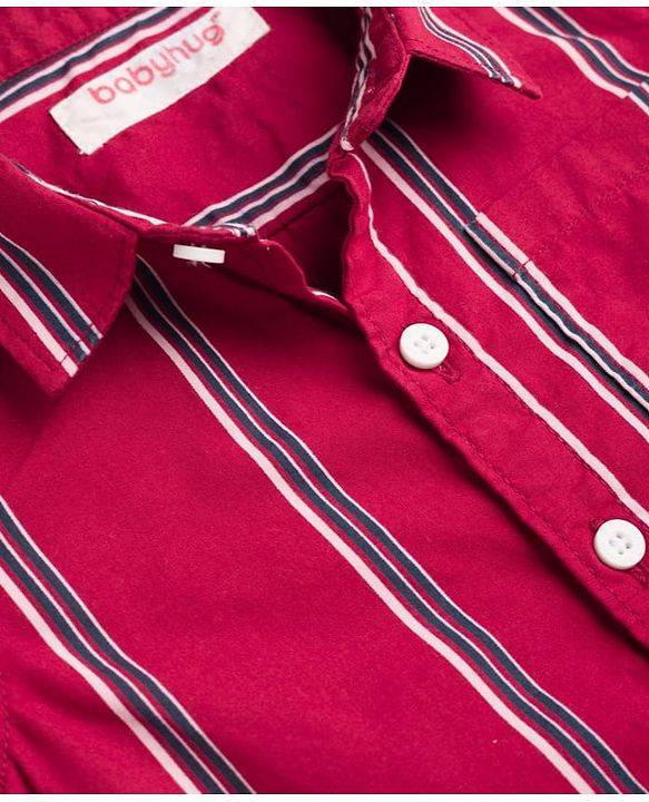 Babyhug 100% Cotton Woven Half Sleeves Striped Shirt & Shorts Set - Maroon & White