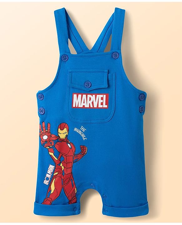 Babyhug Marvel Single Jersey Knit Half Sleeves Avengers Iron Man Printed Dungaree With Inner Tee - Blue
