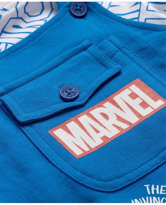 Babyhug Marvel Single Jersey Knit Half Sleeves Avengers Iron Man Printed Dungaree With Inner Tee - Blue