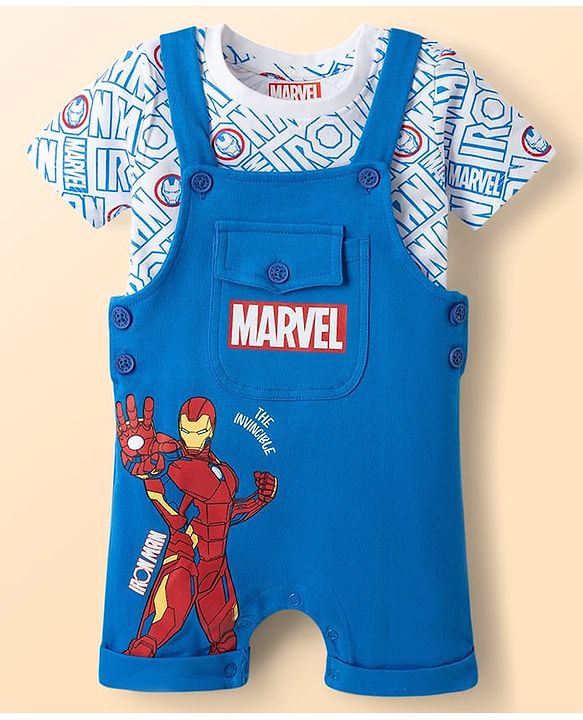 Babyhug Marvel Single Jersey Knit Half Sleeves Avengers Iron Man Printed Dungaree With Inner Tee - Blue