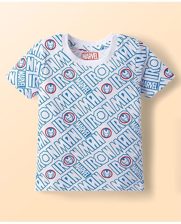 Babyhug Marvel Single Jersey Knit Half Sleeves Avengers Iron Man Printed Dungaree With Inner Tee - Blue