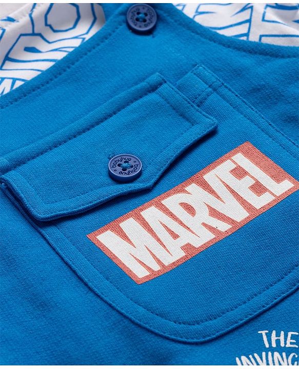 Babyhug Marvel Single Jersey Knit Half Sleeves Avengers Iron Man Printed Dungaree With Inner Tee - Blue