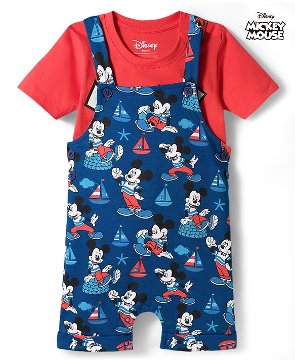 Babyhug Disney Single Jersey Knit Half Sleeves Mickey Mouse Printed Dungaree With Inner Tee - Navy Blue & Red
