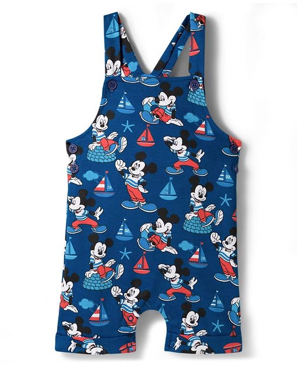 Babyhug Disney Single Jersey Knit Half Sleeves Mickey Mouse Printed Dungaree With Inner Tee - Navy Blue & Red