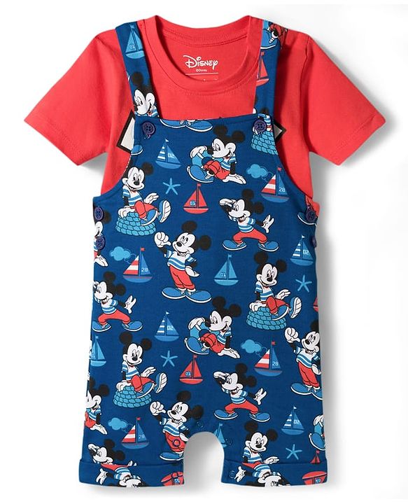 Babyhug Disney Single Jersey Knit Half Sleeves Mickey Mouse Printed Dungaree With Inner Tee - Navy Blue & Red