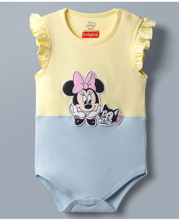 Babyhug Disney 100% Cotton Knit Half Sleeves Onesie With Minnie Mouse Graphics Pack Of 2 - White Yellow & Light Blue
