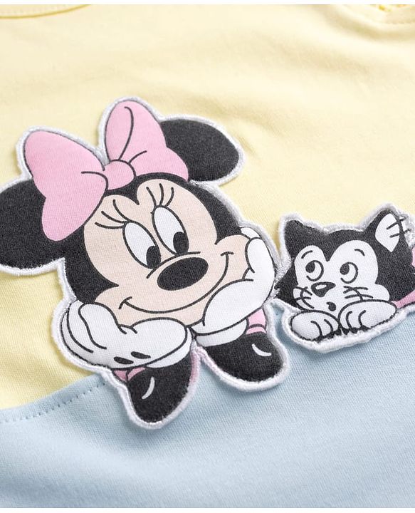 Babyhug Disney 100% Cotton Knit Half Sleeves Onesie With Minnie Mouse Graphics Pack Of 2 - White Yellow & Light Blue