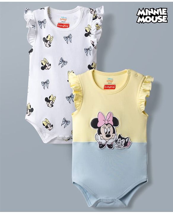 Babyhug Disney 100% Cotton Knit Half Sleeves Onesie With Minnie Mouse Graphics Pack Of 2 - White Yellow & Light Blue