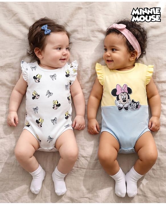 Babyhug Disney 100% Cotton Knit Half Sleeves Onesie With Minnie Mouse Graphics Pack Of 2 - White Yellow & Light Blue