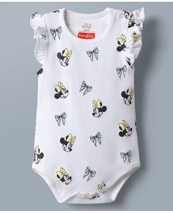 Babyhug Disney 100% Cotton Knit Half Sleeves Onesie With Minnie Mouse Graphics Pack Of 2 - White Yellow & Light Blue