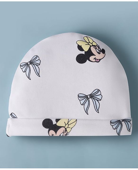 Babyhug Disney Interlock Knit Cap, Mitten & Booties Set With Minnie Mouse Graphics White - Diameter 15 cm