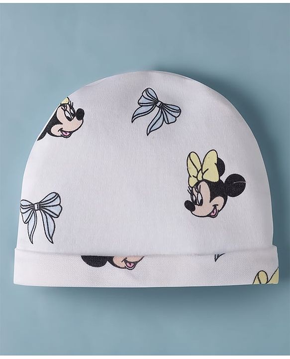 Babyhug Disney Interlock Knit Cap, Mitten & Booties Set With Minnie Mouse Graphics White - Diameter 15 cm