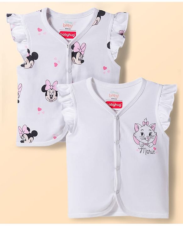 Babyhug Disney Interlock Knit Frill Sleeves Jhablas with Minnie Mouse & Marie Graphics Pack of 2 - White