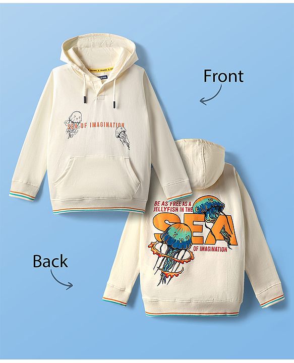 Pine Kids Cotton Knit Full Sleeves Hooded Sweatshirt with Front & Back Jellyfish Print & Kangaroo Pockets - Off White