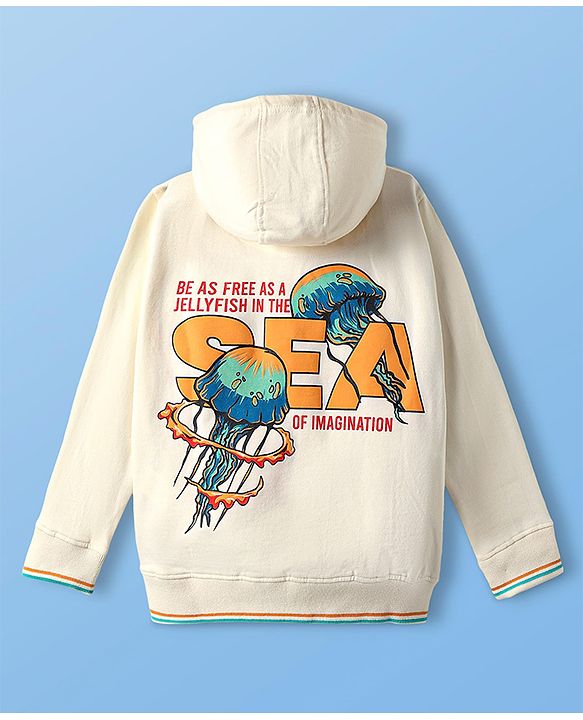Pine Kids Cotton Knit Full Sleeves Hooded Sweatshirt with Front & Back Jellyfish Print & Kangaroo Pockets - Off White
