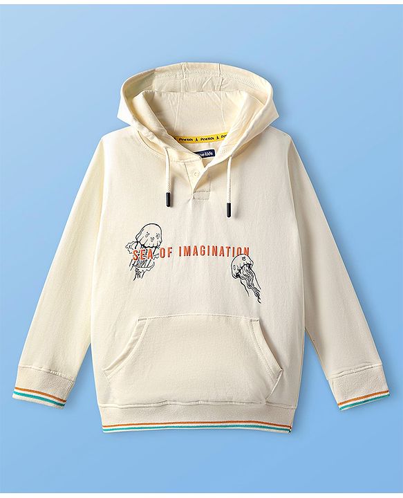 Pine Kids Cotton Knit Full Sleeves Hooded Sweatshirt with Front & Back Jellyfish Print & Kangaroo Pockets - Off White