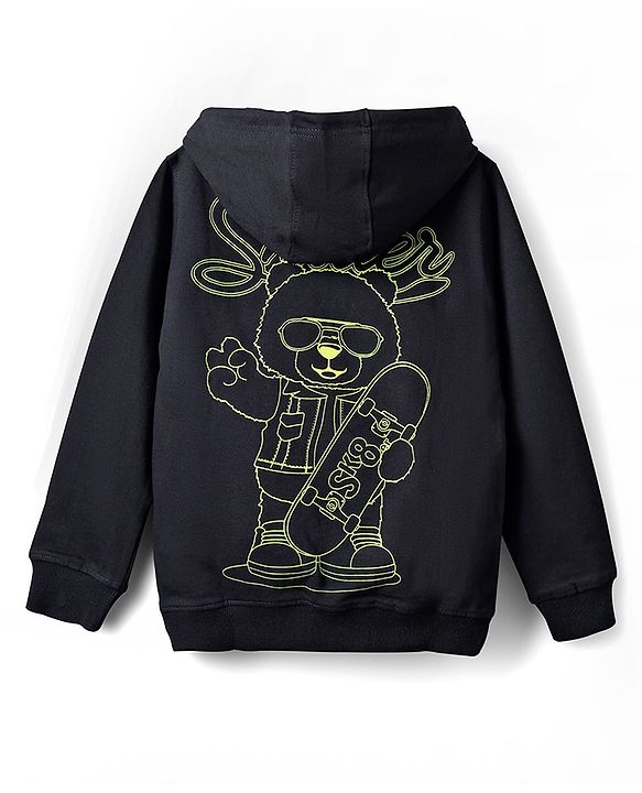 Pine Kids 100% Cotton Knit Full Sleeves Text & Bear Printed Hooded Sweatshirt With Kangaroo Pocket - Black