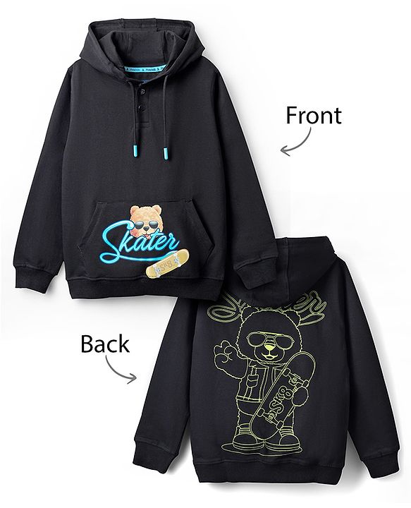 Pine Kids 100% Cotton Knit Full Sleeves Text & Bear Printed Hooded Sweatshirt With Kangaroo Pocket - Black