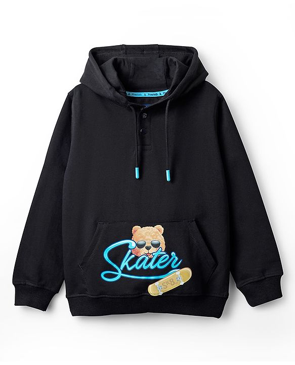 Pine Kids 100% Cotton Knit Full Sleeves Text & Bear Printed Hooded Sweatshirt With Kangaroo Pocket - Black