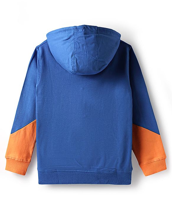 Pine Kids Cotton Knit Full Sleeves Hooded Sweatshirt with Text Print & Kangaroo Pockets - Blue