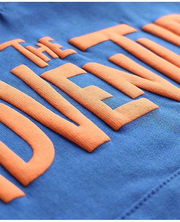 Pine Kids Cotton Knit Full Sleeves Hooded Sweatshirt with Text Print & Kangaroo Pockets - Blue
