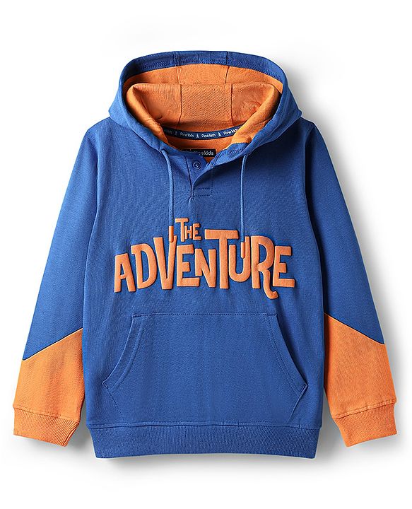 Pine Kids Cotton Knit Full Sleeves Hooded Sweatshirt with Text Print & Kangaroo Pockets - Blue