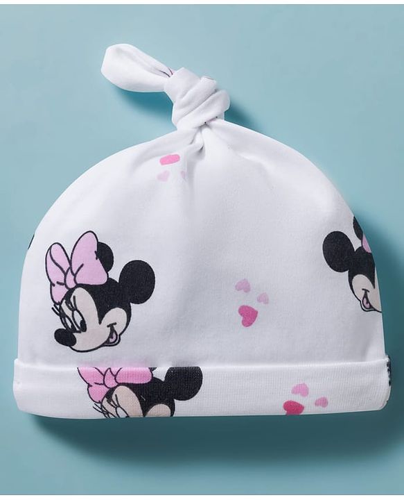 Babyhug Disney Interlock Knit Pony Caps with Disney Character Graphics Pack of 2 White - Diameter 15 cm