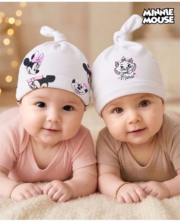 Babyhug Disney Interlock Knit Pony Caps with Disney Character Graphics Pack of 2 White - Diameter 15 cm