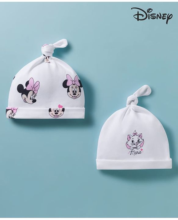 Babyhug Disney Interlock Knit Pony Caps with Disney Character Graphics Pack of 2 White - Diameter 15 cm