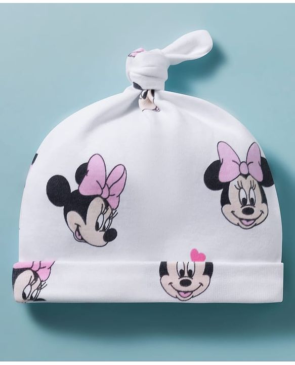 Babyhug Disney Interlock Knit Pony Caps with Disney Character Graphics Pack of 2 White - Diameter 15 cm
