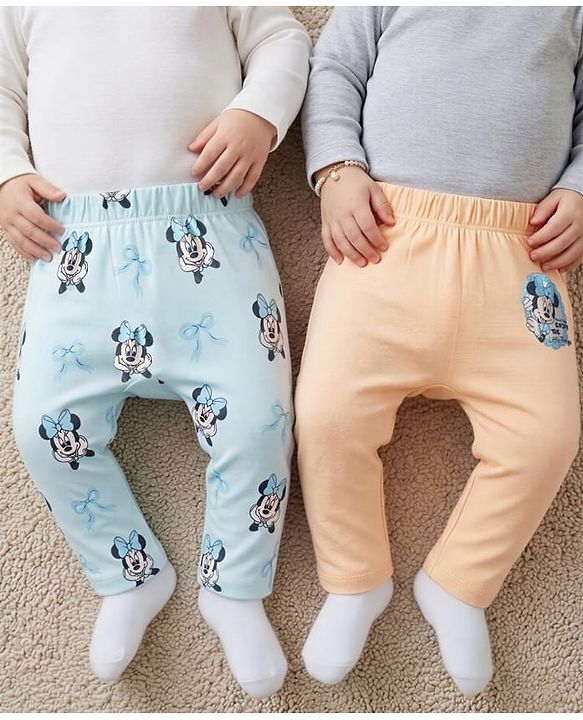 Babyhug Disney 100% Cotton Knit Full Sleeves Diaper Leggings With Minnie Mouse Graphic Pack Of 2 - Light Blue & Peach