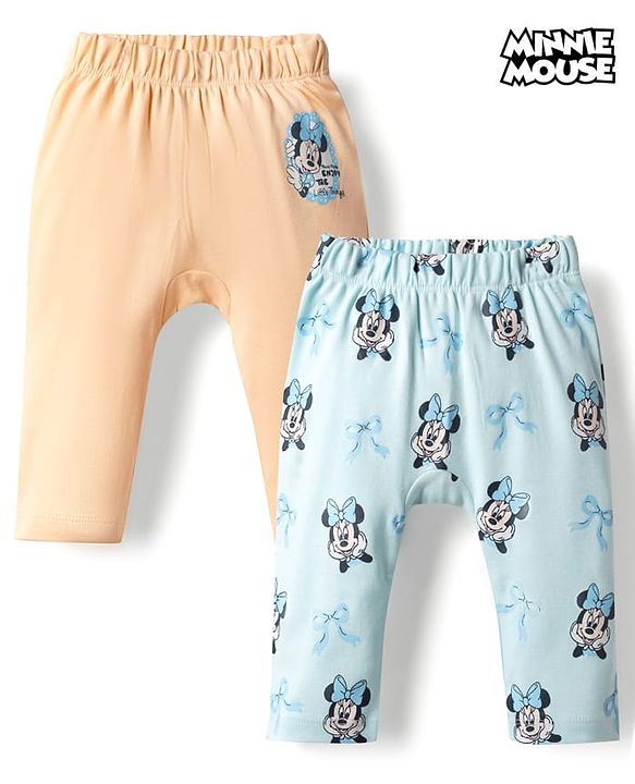 Babyhug Disney 100% Cotton Knit Full Sleeves Diaper Leggings With Minnie Mouse Graphic Pack Of 2 - Light Blue & Peach
