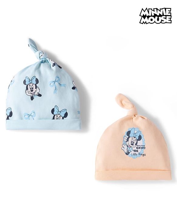Babyhug Disney Interlock Knit Cap With Minnie Mouse Graphics Pack of 2 Multicolor- Diameter 14 cm